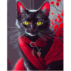 Картина за номерами Strateg ПРЕМІУМ Котик у червоному з лаком та з рівнем розміром 40х50 см (GS1526)