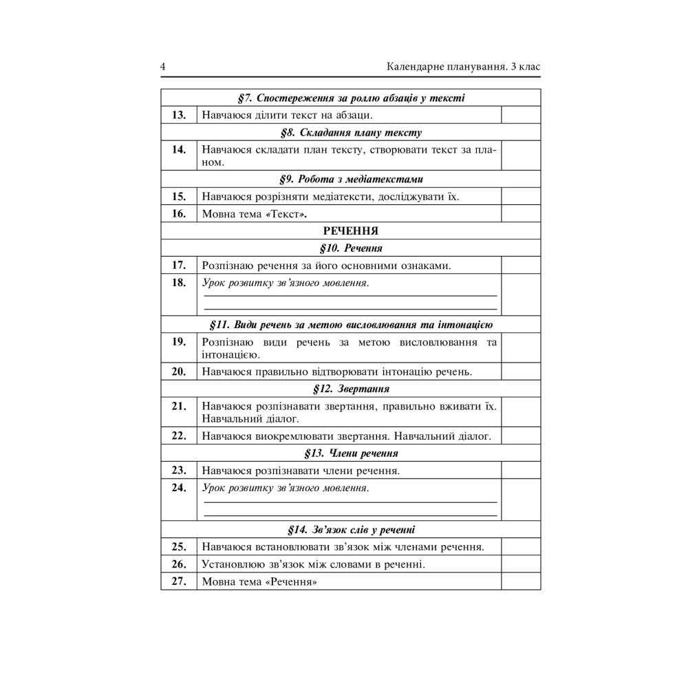 Календарне планування. 3 клас
