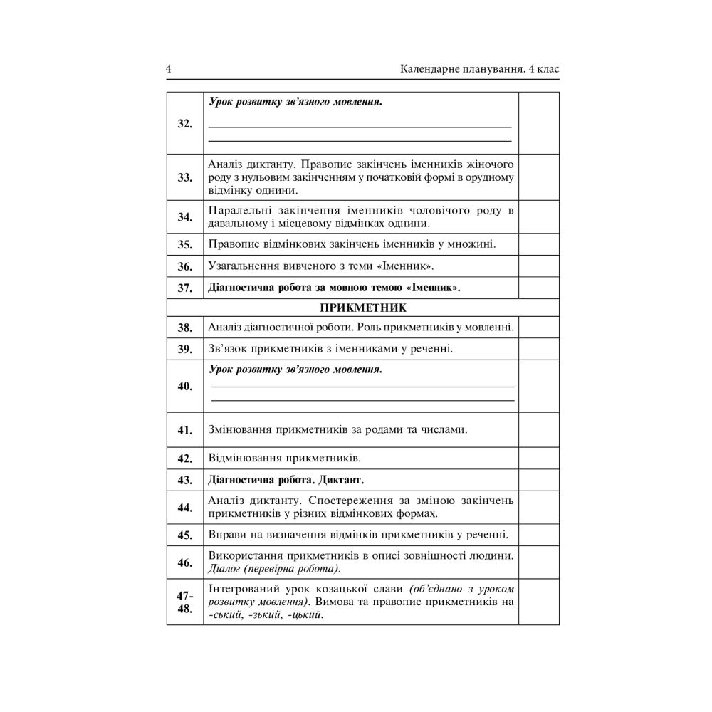 Календарне планування. 4 клас