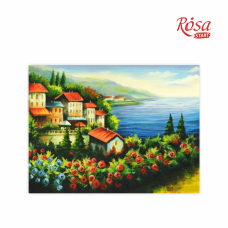 Картина на картоні з контуром "ROSA START" 30*40 Морські пейзажі № 2 "Море, буд., гори, квіт.і кущі" (607) БЕЗ ФАРБ